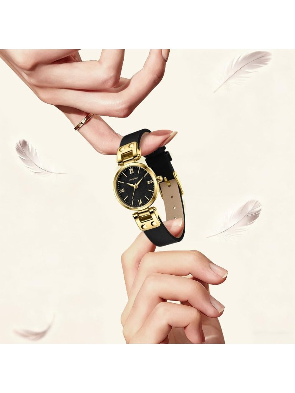 Women's All Black Elegant Classic Small Gold Leather Stylish Ladies Wrist Watch - Picture 2 of 7